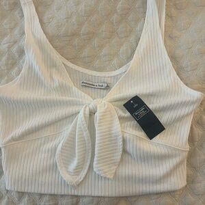 Abercrombie & Fitch Cream Ribbed Tie-Front Crop Tank